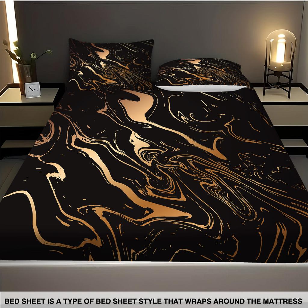 3PC Microfiber Satin Fitted Bed Sheet with 2 Pillowcase Anti-slip Printed Stretch Black Fitted Sheet 90x190 180x200 200x220
