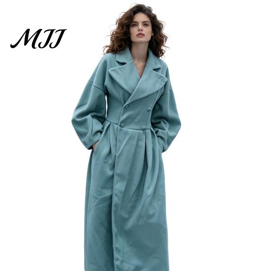 Casual Long Coat Women Wool for Fall Winter, Lantern Sleeve Winter Notch Lapel Overcoat, Double Breasted Trench with Pockets