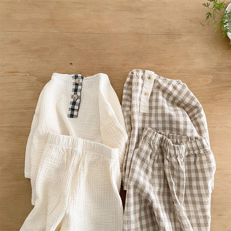Baby Cotton Linen Clothes Set Plaid Cartoon Casual Tops + Pants 2pcs Baby Set Cute Boy Girls Comfortable Infant Outfits
