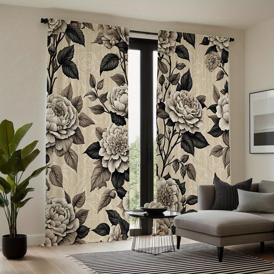 Black White Floral Print Curtains Polyester Fabric Suitable Bedroom Living Room Decoration Made Of Machine Washable Sitting Decor