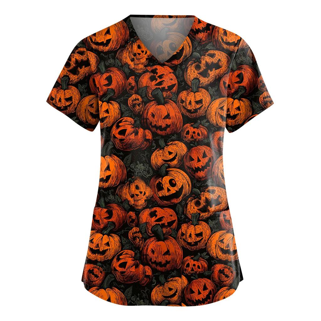 Women's Fashion V-Neck Short Sleeve Overalls With Pockets Halloween Printed Tops  Apparel