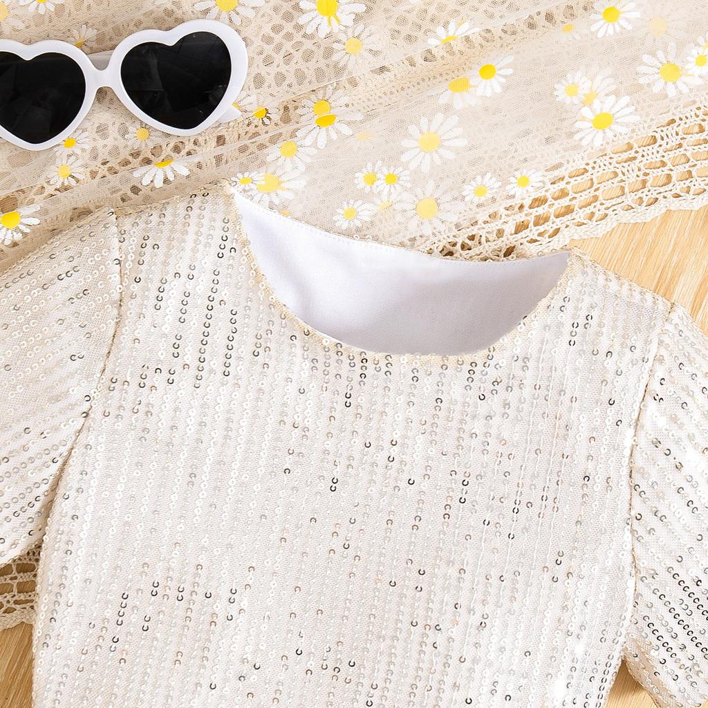 Girls Fashion Suit Summer Kids Sequin Short Sleeve T-shirt + Solid Color Shorts with Belt Suit