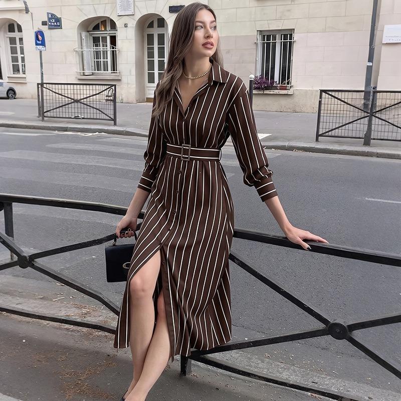 Autumn New Striped Dress Temperament Commuter Shirt Long Dress, Hot-selling Simple Long Dress