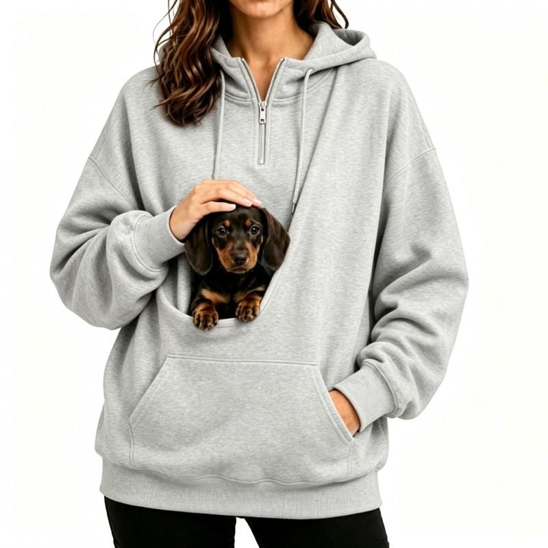 Womens Half-Zip Hooded Sweatshirt With Pet Pocket Loose Fit Fall Winter Top Small Dogs