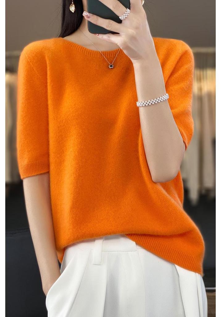 2024 Autumn/Winter Women's 100% Wool Round Neck Knit Top - Solid Color, Short Sleeve, Versatile Design