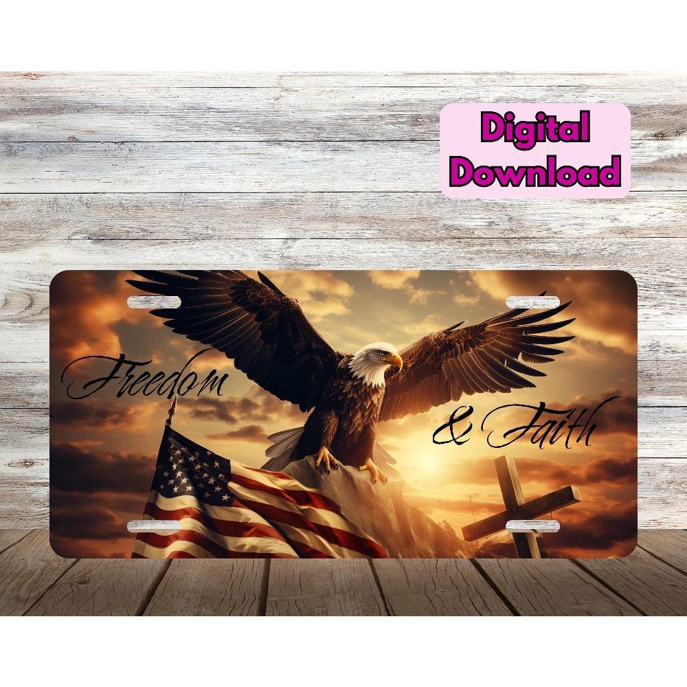 Metal Sign  Freedom & Faith  American Eagle Wings Spread Flag Cross Sunset Wall Decor 30x15 cm