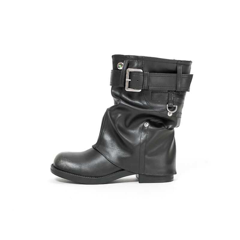 British Style Short Boots Slim Women'S Autumn New Thick Heel Round Head Strap Pants Tube Boots Locomotive Boots Pleated Pile Boots
