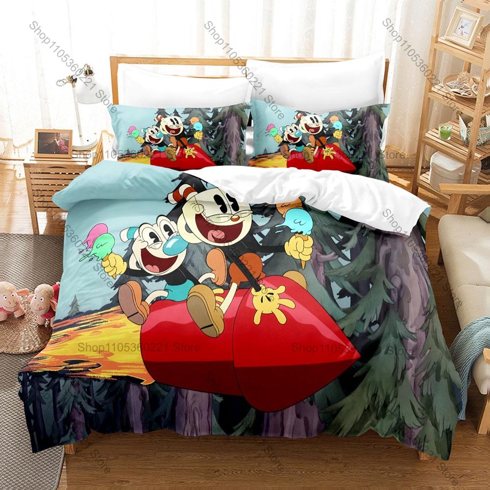 Cool Cuphead and Mugman Bedding Set Includes Duvet Cover + 2 Pillowcases 1930s Retro Rubber Hose Run And Gun Game Bedroom For Ga
