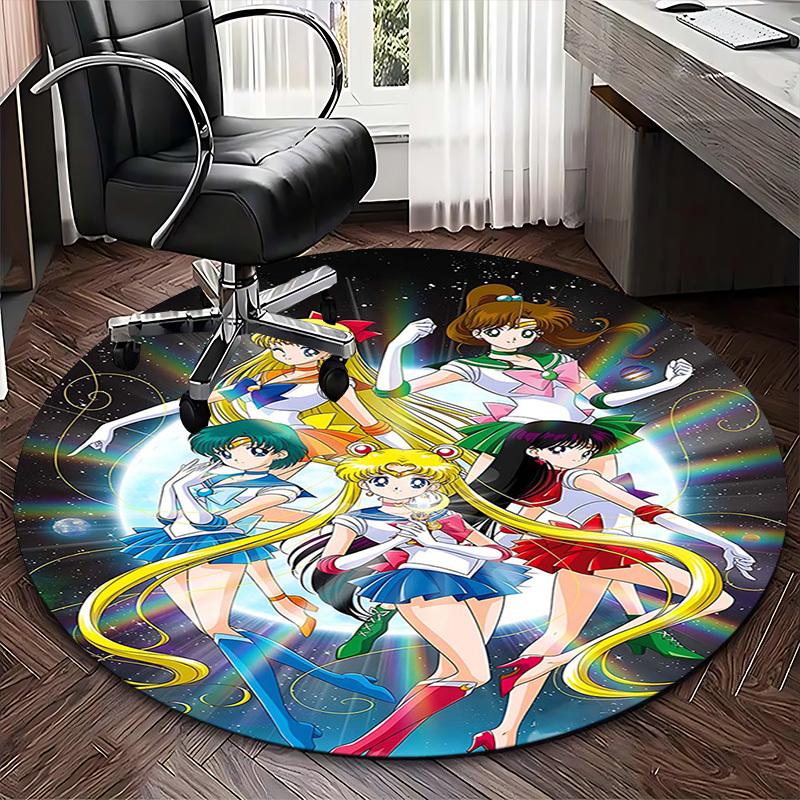 1pc Sailor Moon Anime Cartoon Design Round Carpet Office Chair Mat, NonSlip Rug for Home Decor, Living Room, Bedroom, Game Room
