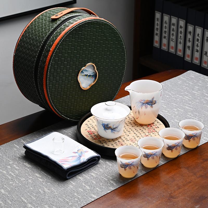 Ice Suet Jade Porcelain Travel Tea Set Outdoor Portable Ceramic Cover Bowl Tea Cup Complete Set Business Souvenir