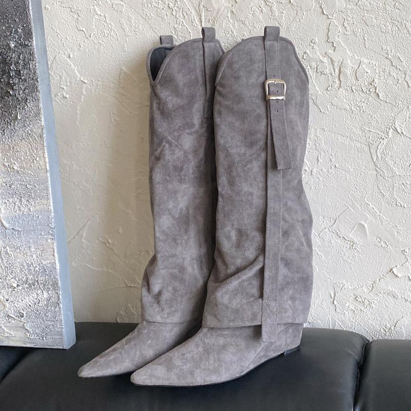 Fashion Strap Buckle Wedges High Heels Woman Knee-High Boots Punk Style Pointed Toe Party Dress Female Shoes