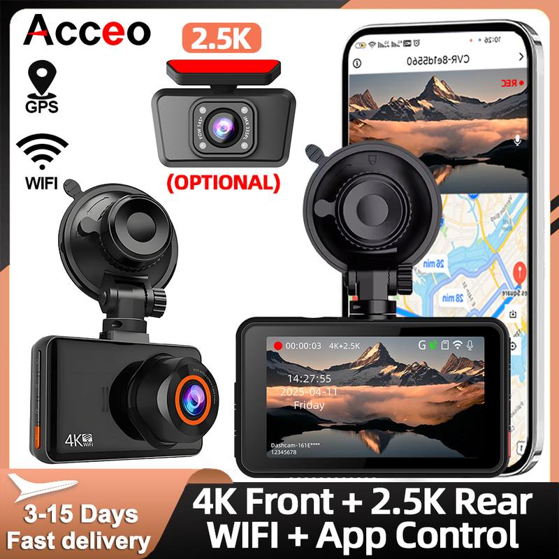 ACCEO 4K Dual Channel Dash Cam with Speed Display Front 4K Built-in WiFi GPS Super Night Vision  Optional Rear Lens 24/7 Parking