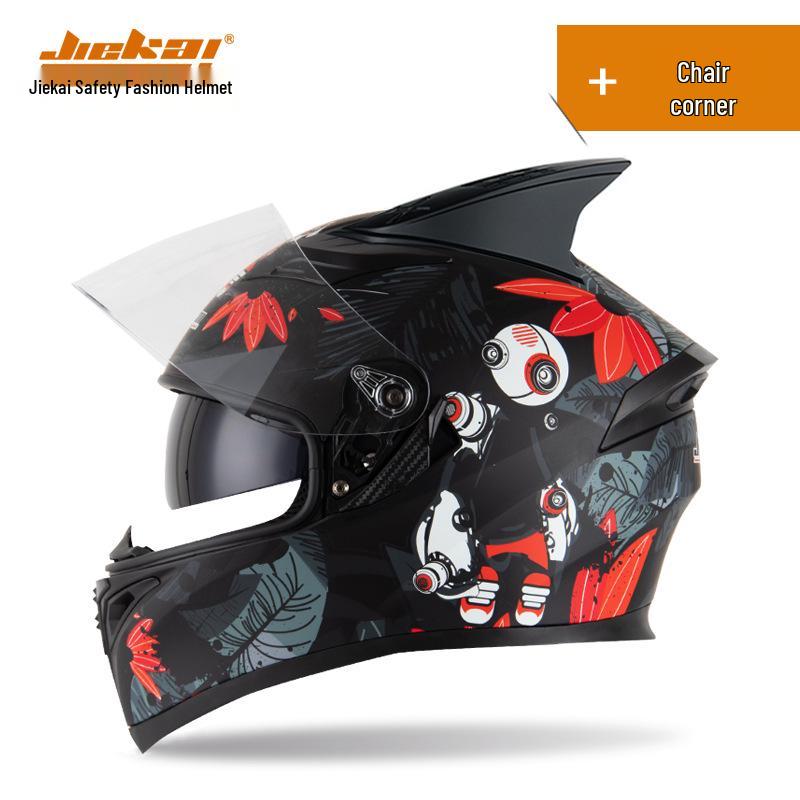Jiekai Full Face Flip-Up Motorcycle Helmet for Men & Women with Horn Design - All Season Racing Safety Helmet.