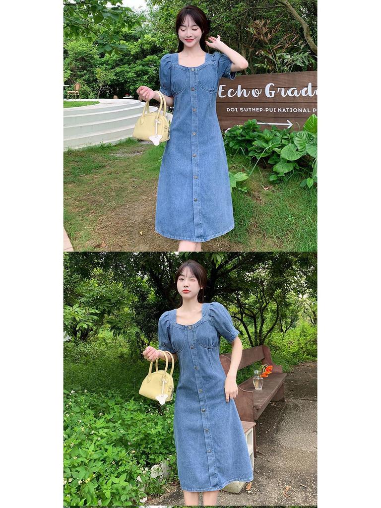 Women's Summer Bubble Sleeve Denim Dress - Age-Defying, Waist-Cinching, Slimming, Large Size.