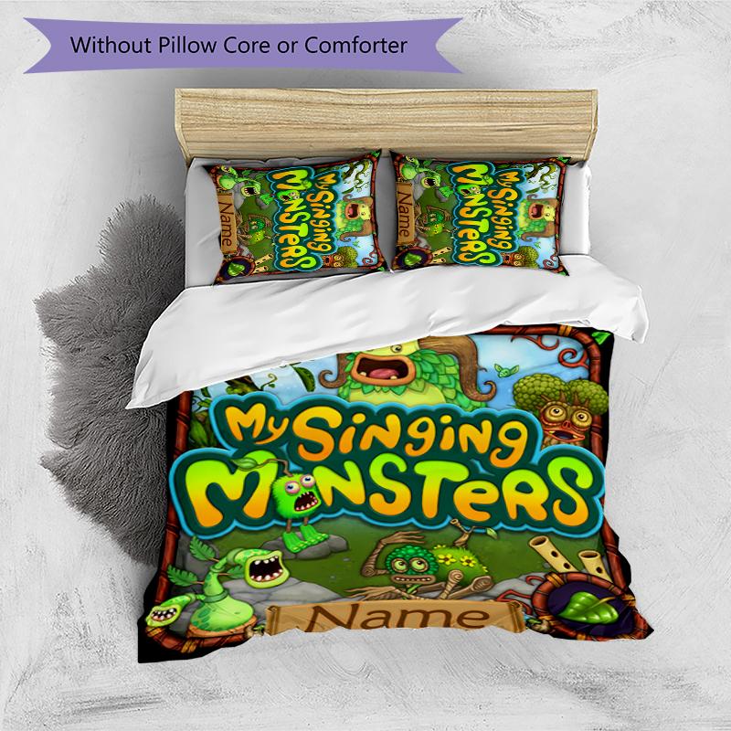 3pcs Custom Name Cartoon My Singing Monsters Bedding Set Duvet Cover Closure Includes 1 Duvet Cover & 2 Pillowcases for All Seasons Bedroom Decor