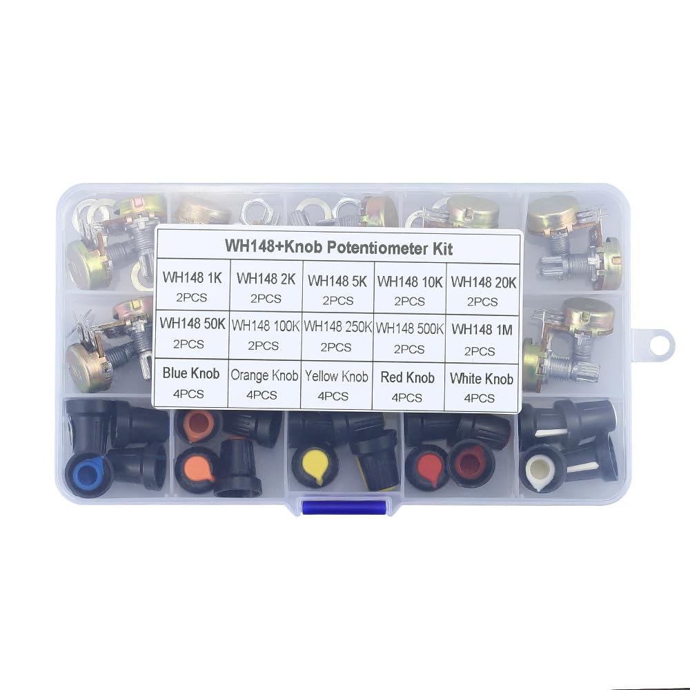 Glvaner Potentiometer B1K B2K B5K B10K B20K B50K B100K B250K B500K B1M Set of 20 with Storage Case and Cap Knob White Volume Control Rotary Red,