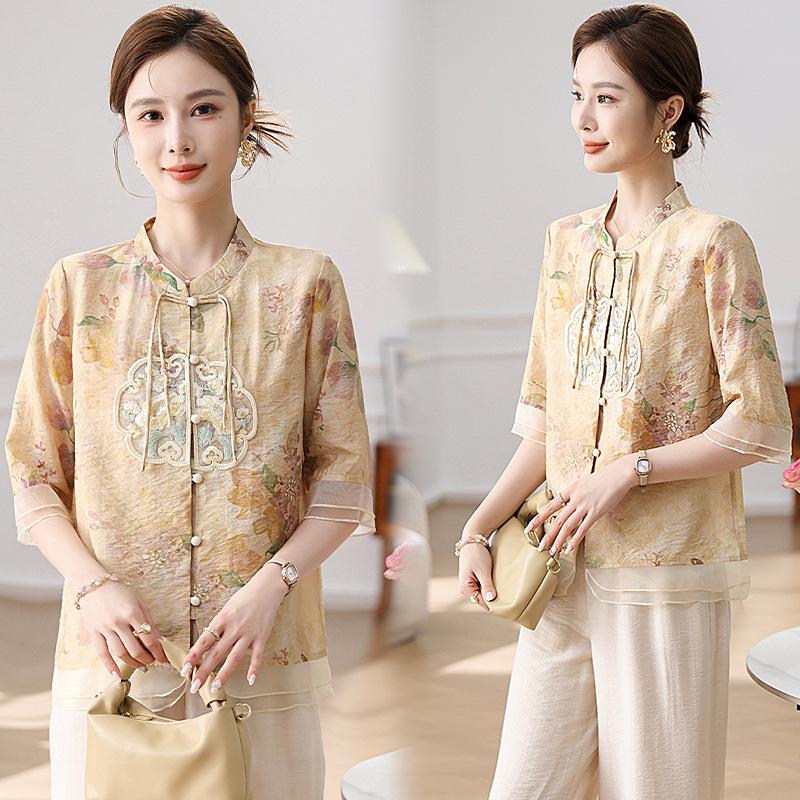 Letní oblečení, Západní styl, Oblečení pro matky, Potisk inkoustem, Tričko s krátkým rukávem v národním stylu, Letní topy pro ženy středního a staršího věku