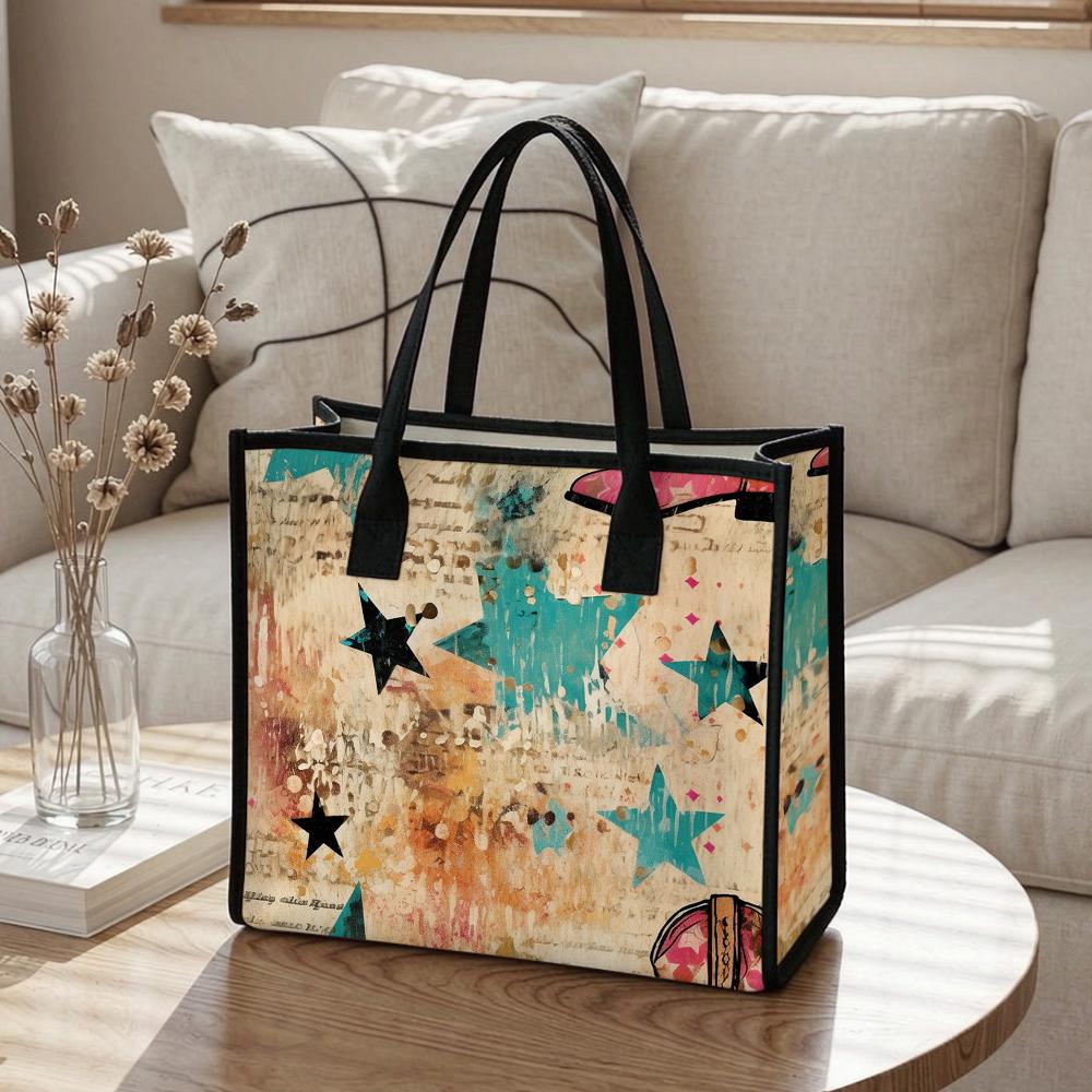 Retro Star Printed Tote Bag Large Capacity Casual Daily Shoulder Handbag for Women Outdoor Commuting