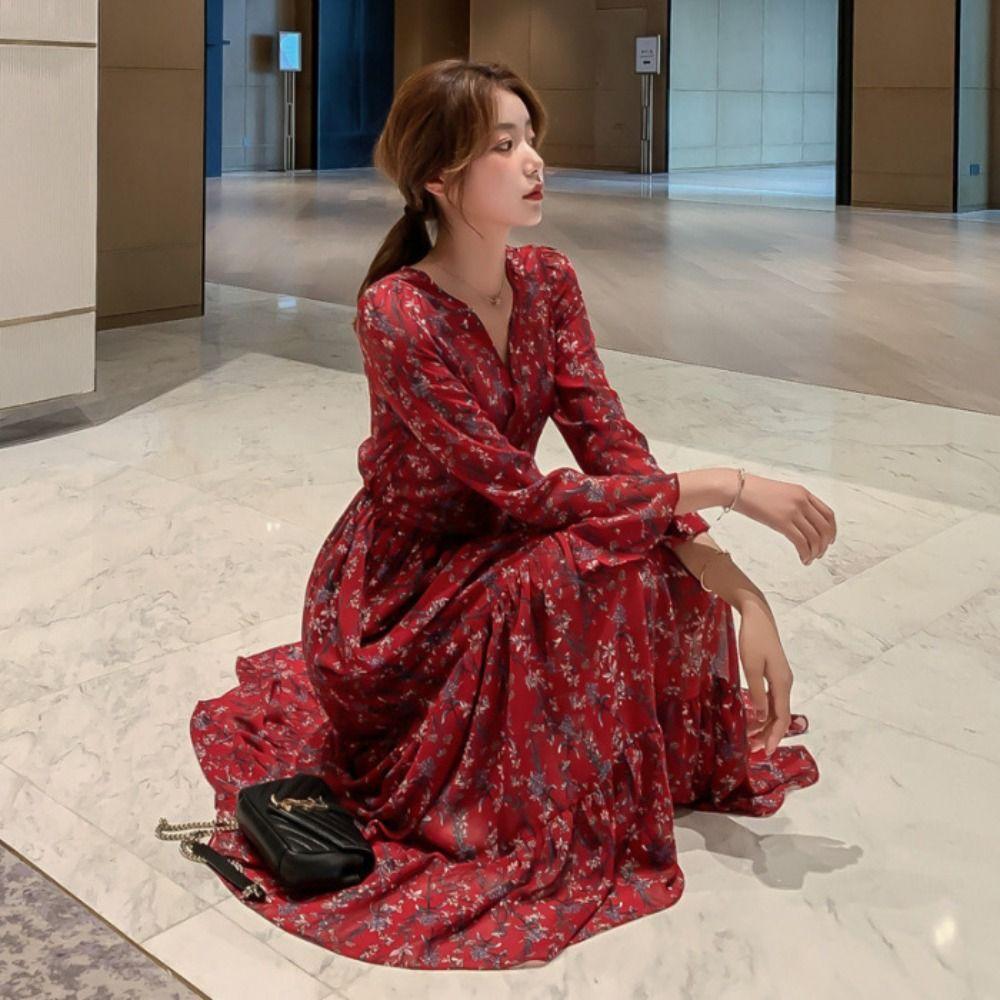

Waist Tightening Bohemian Chiffon Dress Ruffled V-neck Collar Dress Floral Printing Dress Summer M красный