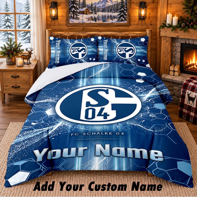 Schalke 04 FC Pattern Bedding 3Pcs Set Custom Name, Bed Sheet And Pillowcases For Home Bedroom