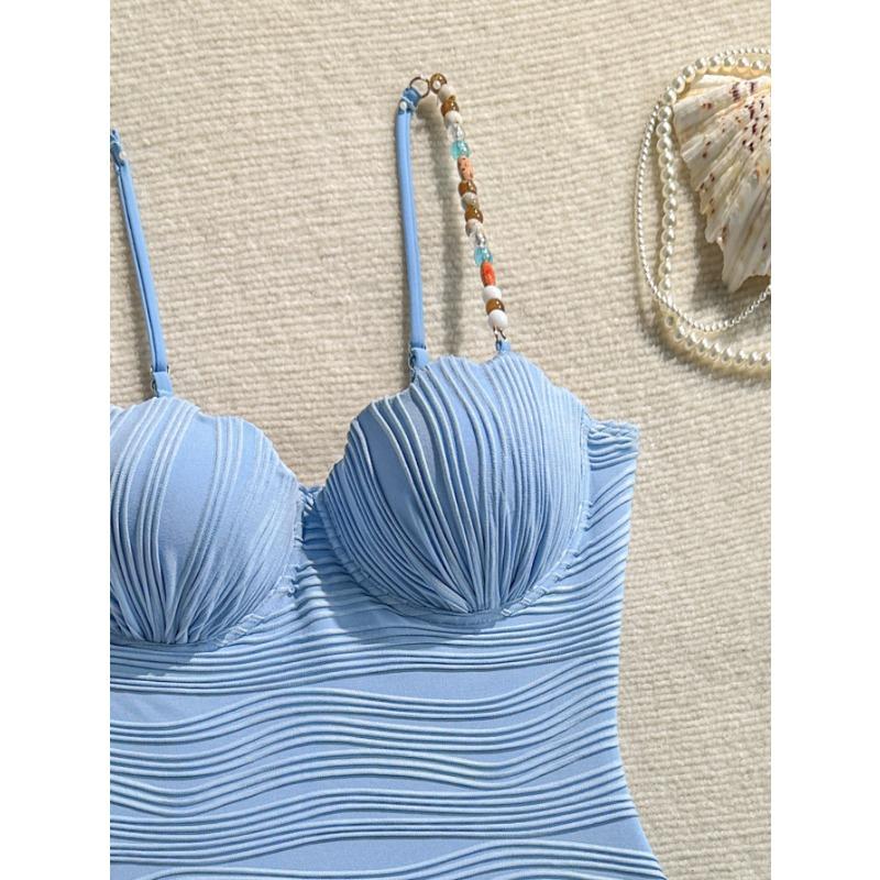 Vintage Beaded Hard Cup Padded One Piece Swimsuit For Women Solid Bathing Swimwear