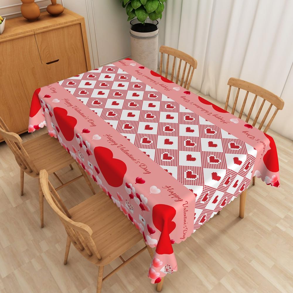 Valentines Day Tablecloth Waterproof Pink Red Heart Pattern Romantic Dinner Date Washable Kitchen Table Cover Wedding Decoration