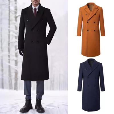 Men Windbreaker Suit Collar Long Sleeve Double-Breasted Thickened Woolen Coat Solid Color Pockets
