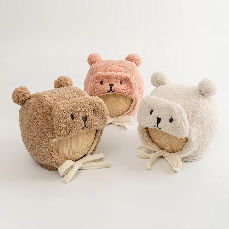 Cartoon Bear Baby Ear Protection Hat Winter Warm Lamb Wool Earmuff Cap for Infant Boy Girl Solid Color Cartoon Kids Beanie Caps