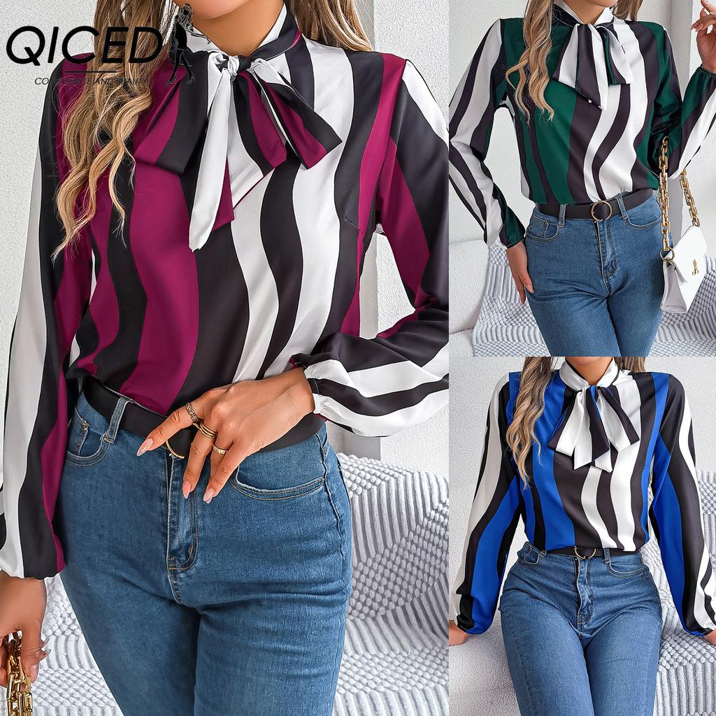 QICED Spring and Summer Stylish Contrasting Color Striped Tie Lantern Sleeve Chiffon Blouse for Women