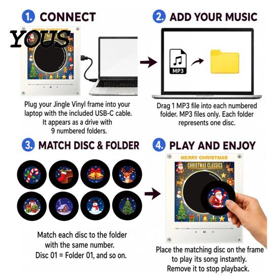 Scatola Musicale Magnetica Personalizzata Giradischi in Vinile Magnete per Frigorifero, con 9 Dischi Programmabili, Memoria da 128MB, Senza Musica, Set Magneti Luce Notturna LED, NFC per