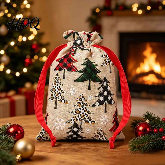Reusable Holiday Bags Christmas Tree Print Drawstring Gift Bags Faux Linen Xmas Treat Bag Wrapping Candy & Apple Storage Pouch for