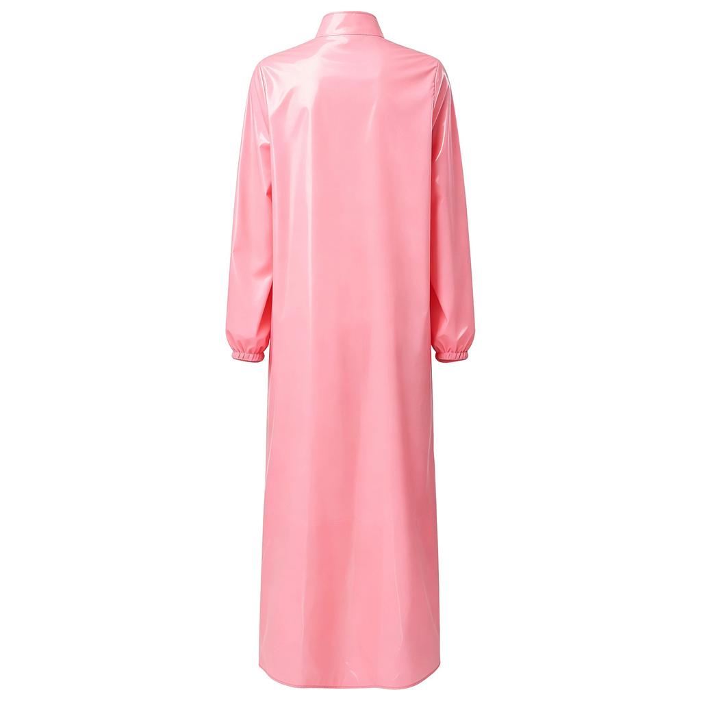 Knopfleiste Stehkragen Langarm Vinyl Überwurf Kleid Wasserdicht Nachtwäsche Badebekleidung Clubwear für Damen Rave Party