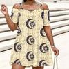 Women Plus Size Cold Shoulder Chain Straps Short Sleeve Sun Moon Printed Beige Loose Dress