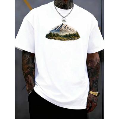 Europese Maat Heren Berglandschap met Reflecties Grafische Print Ronde Hals T-shirt | Zachte Stof met Gemiddelde Stretch