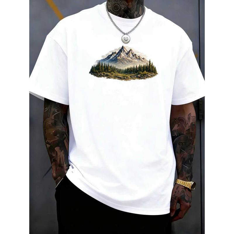 

Мужская футболка с графическим принтом «Европейские горы и их отражения», круглый вырез | Мягкая, средней эластичности смесовая ткань S белый