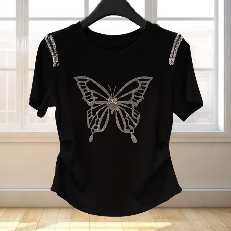 

Летняя футболка с круглым вырезом и принтом бабочки и бриллиантами, с короткими рукавами, женская модная футболка для женщин S чёрный
