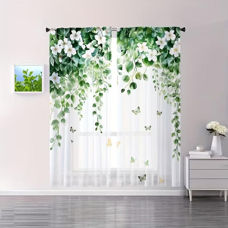 

2PCS Watercolor Green Vine & White Floral Sheer Curtains - Lush Botanical Window Drapes with Butterflies 39Wx51L(100x130CM)&Rod Pocket