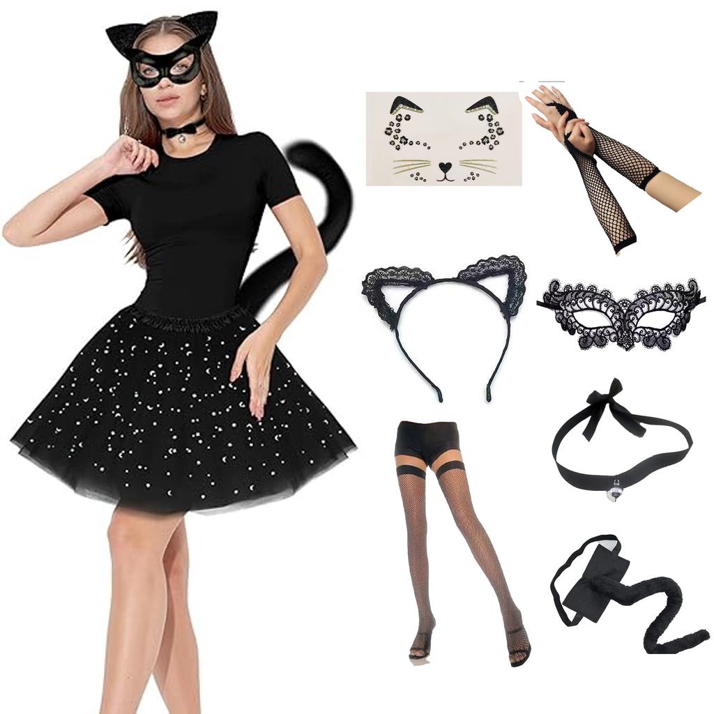 PESENAR Schwarzes Katzenkostüm für Damen, Halloween-Maskenballmaske, Spitzeohren, Handschuhe, Schwanz, Chokerkette