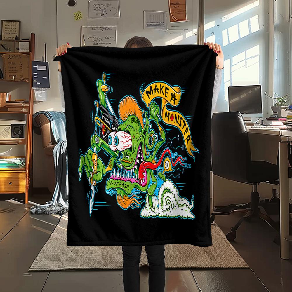 1PC Rat Fink Print Flannel Blanket, High Quality All Seasons, Home Decor, Warmth and Comfort, Perfect for Christmas Gifts