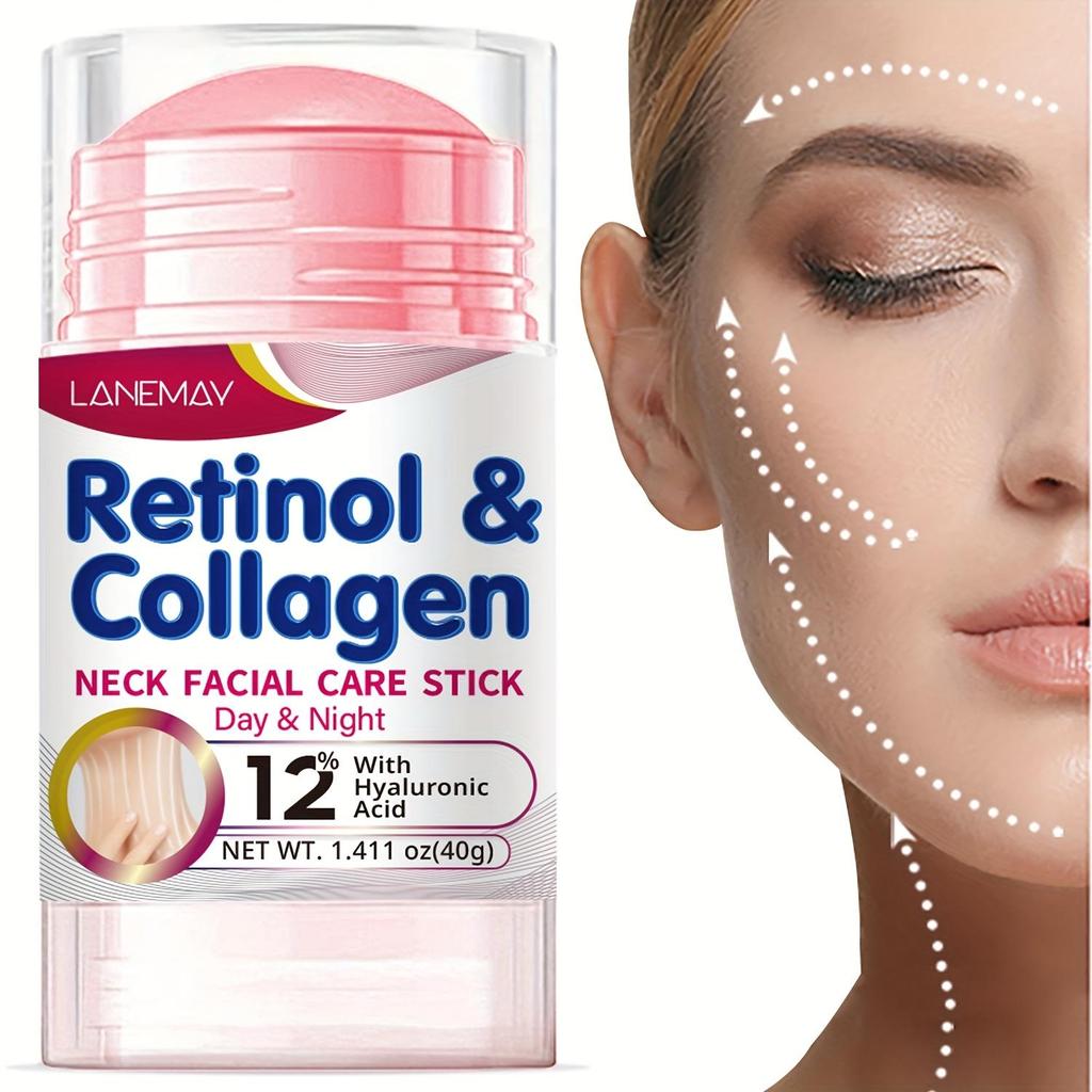 Bâton de Soin Visage et Cou Rétinol & Collagène - 12% Acide Hyaluronique, Raffermissant & Hydratant, Stimule la Vitalité de la Peau, Sans Alcool, pour le Cou au Visage