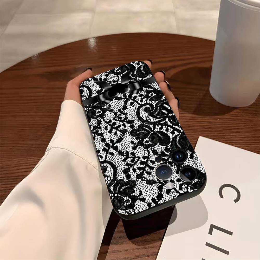 Lace Print Phone Case For iPhone 17,16,15,14,13,12,11,Pro,Max,Plus Soft Black Cover