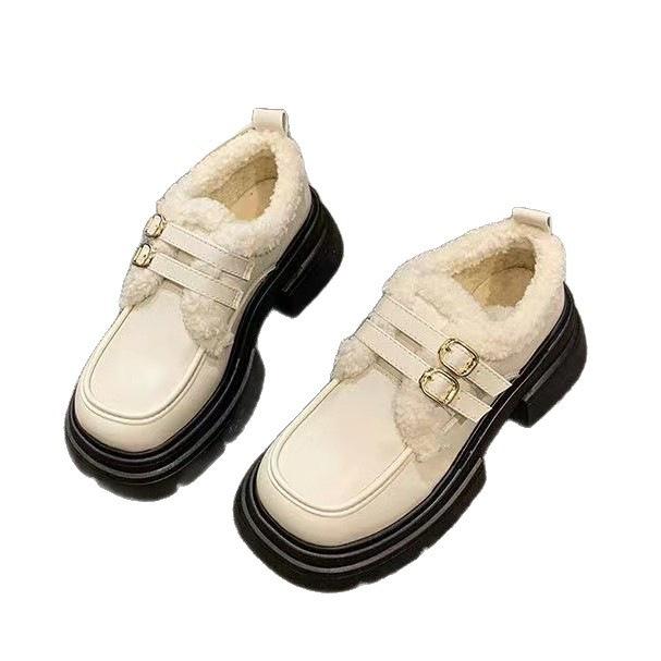 Britischer Stil kleine Lederschuhe Winter Plüsch Mützen Schuhe Neujahr Warm Plateau Baumwollschuhe Einzelne Schuhe
