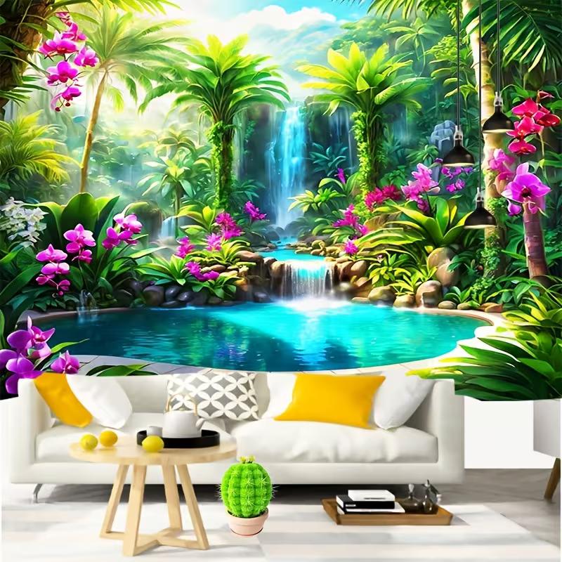 

2D Paradise Waterfall Pool Tapestry, Lush Tropical Jungle Waterfall & Lagoon Wall Art 47.2x31.5inch/120*80cm