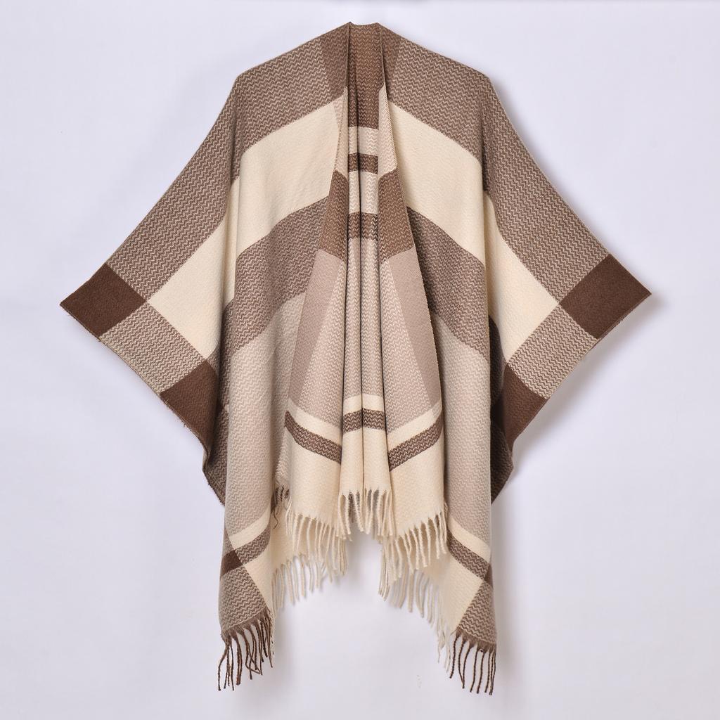 Foreign Trade, New Tassel Split Shawl Autumn and Winter Women's Simple Plaid Jacquard Scarf Cape