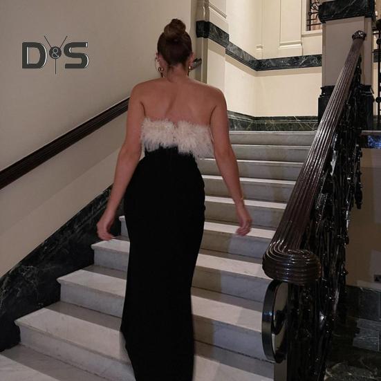 Women Evening Dress Off Shoulder Sleeveless Backless Collarless Bandeau Fluffy Faux Fur Decor Side Slit Cocktail Party Prom Maxi Tube Top Dress