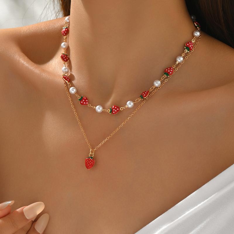 2Pcs Layered Strawberry Pearl Necklace Set for Women Cute Sweet Dainty Adjustable Summer Vacation Beach Jewelry Gift