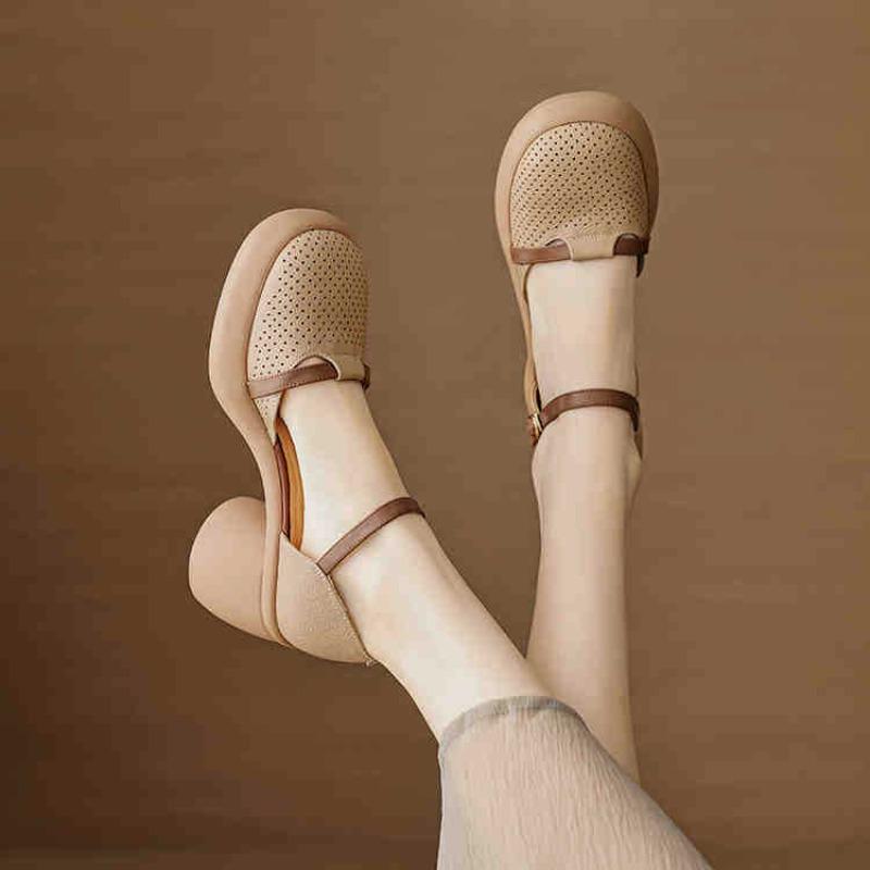 Baotou Thick-soled One-piece Slip-on Roman-style Sandals, Slip-on Shoes with Holes, French-style Thick Heel High Heels
