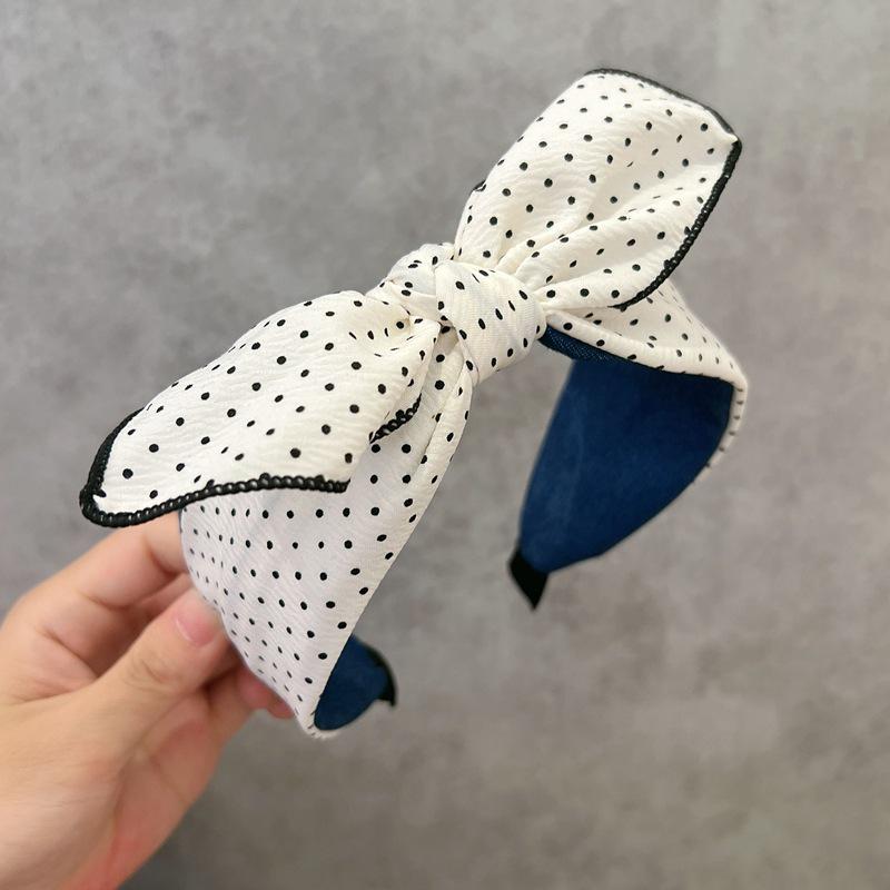 Korean Plaid Navy Bow Headband with Non-Slip Teeth for Women