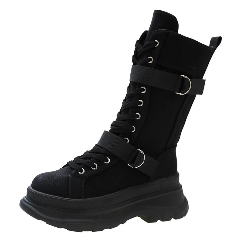 Fashion High Quality Women Mid Calf Boots Canvas Round Toe Mid Heel Boots For Woman Fashion Platform Lace Up Zip Shoes Botas Mujer 2025