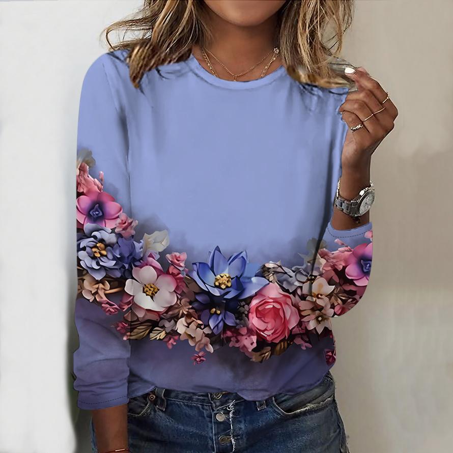 

Топы на весну и осень, принт «звезды, бабочки, цветы», круглый вырез, длинный рукав, футболка, осенний повседневный тонкий пуловер, женский топ с длинным рукавом 8XL синий
